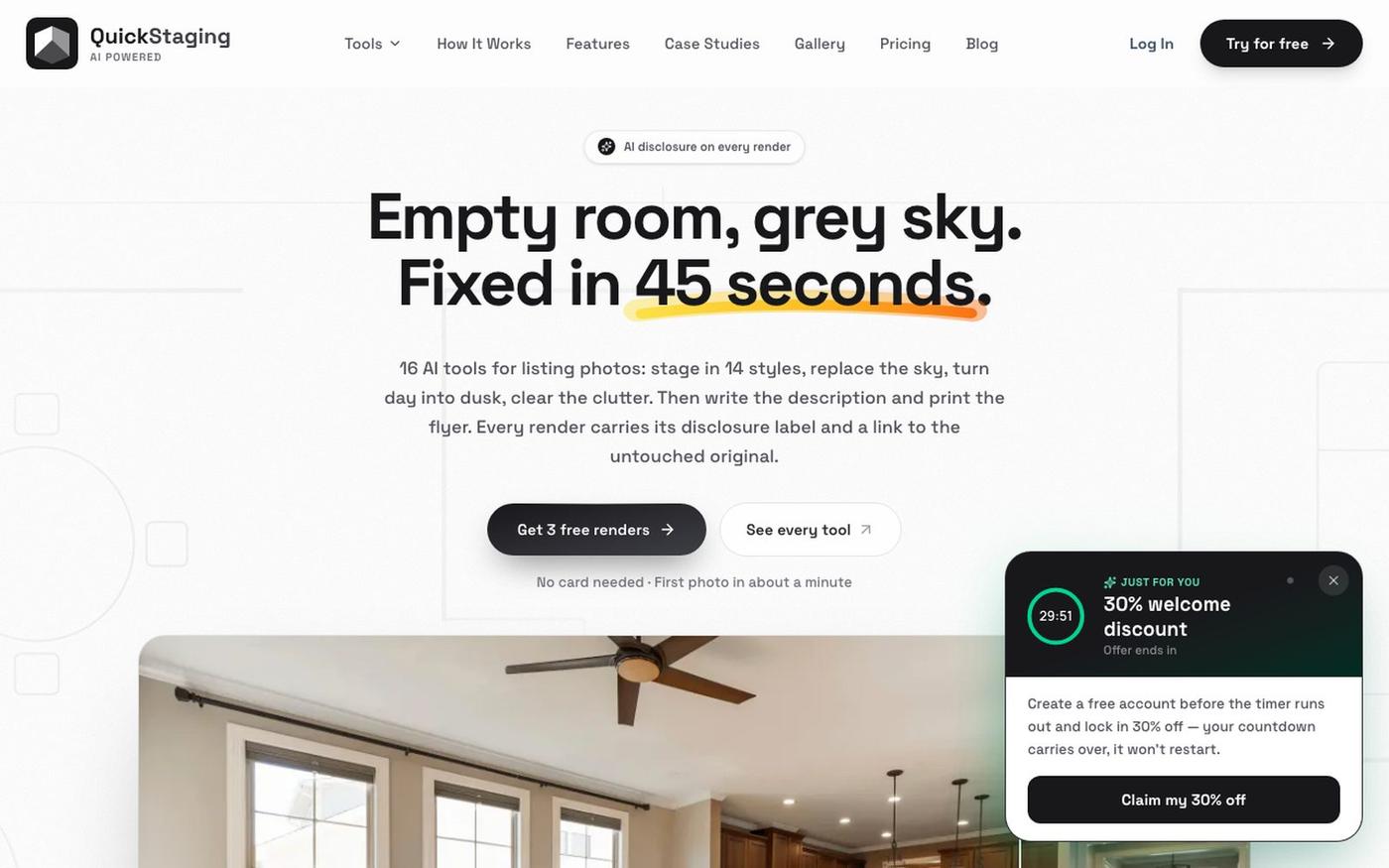 AI Virtual Staging + Listing Marketing (3 Free Photos) | QuickStaging — screenshot