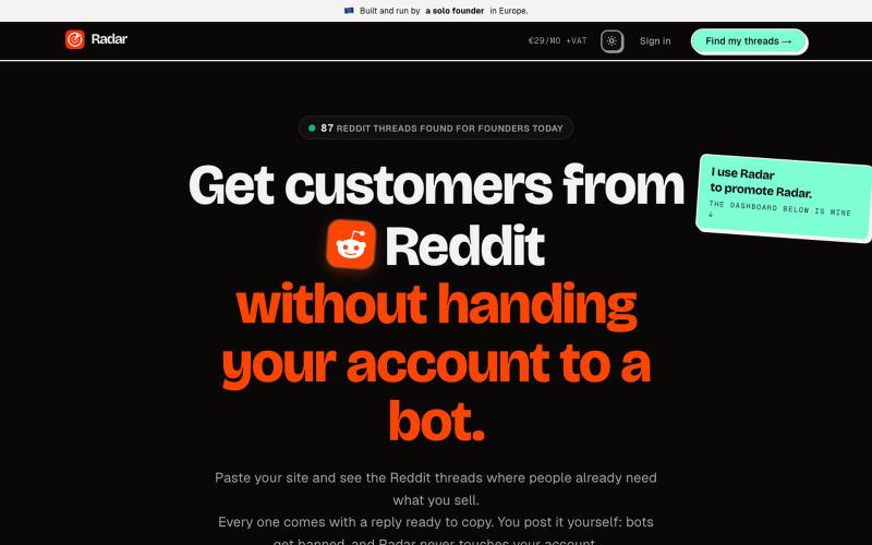Radar — find Reddit customer threads without account automation — screenshot