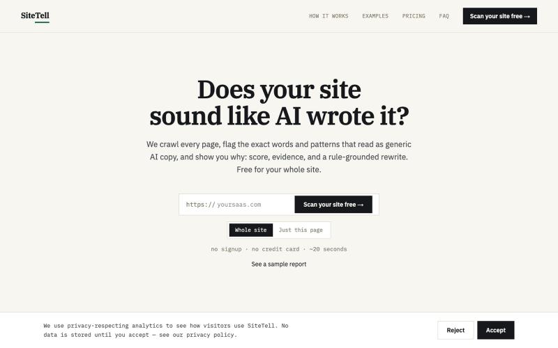SiteTell, Does your site sound like AI wrote it? — screenshot