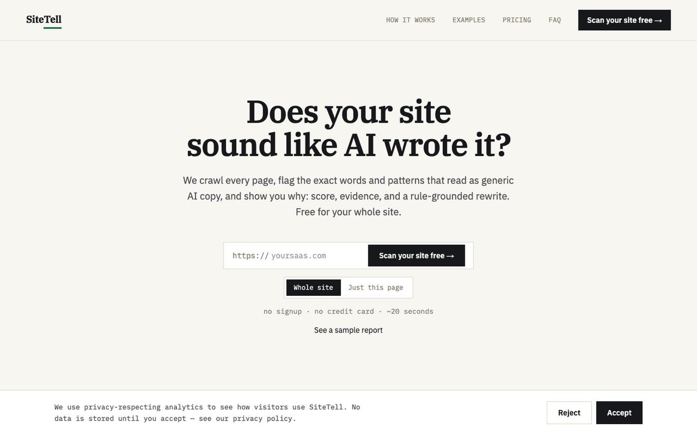 SiteTell, Does your site sound like AI wrote it? — screenshot