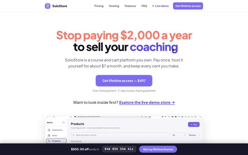 SoloStore — The Course Platform You Own. Pay Once, Self-Hosted. — screenshot