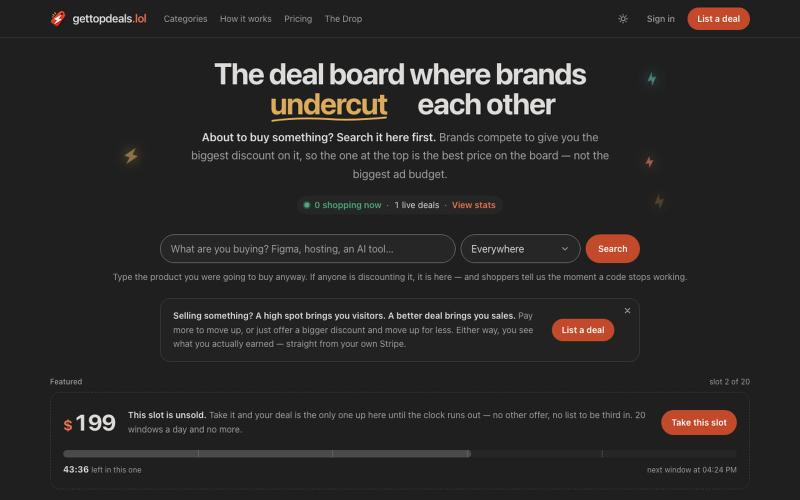 gettopdeals.lol — The deal board where brands out-discount each other — screenshot