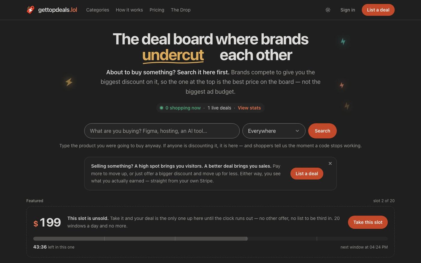 gettopdeals.lol — The deal board where brands out-discount each other — screenshot