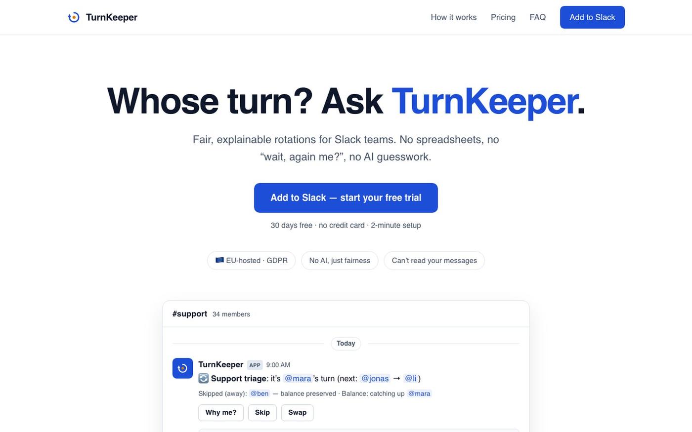 TurnKeeper — fair rotation app for Slack | Whose turn is it? — screenshot