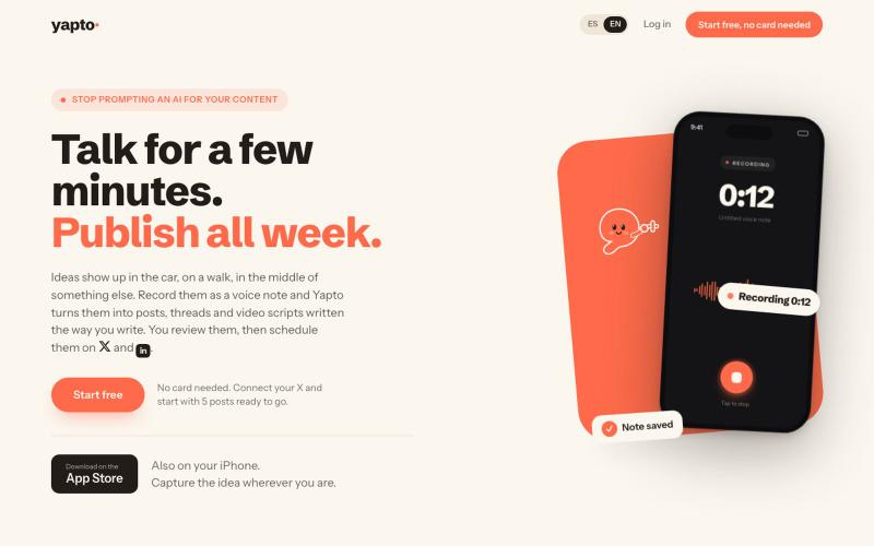 Yapto: talk for a few minutes, publish all week — screenshot
