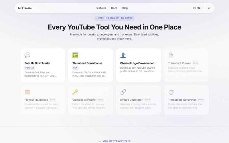 Free YouTube Tools for Creators & Developers | GetYTSubtitles — screenshot