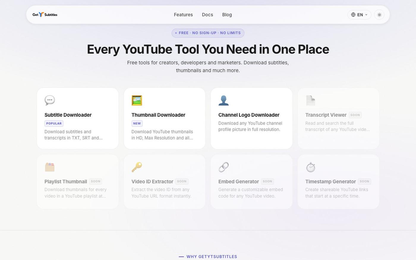 Free YouTube Tools for Creators & Developers | GetYTSubtitles — screenshot