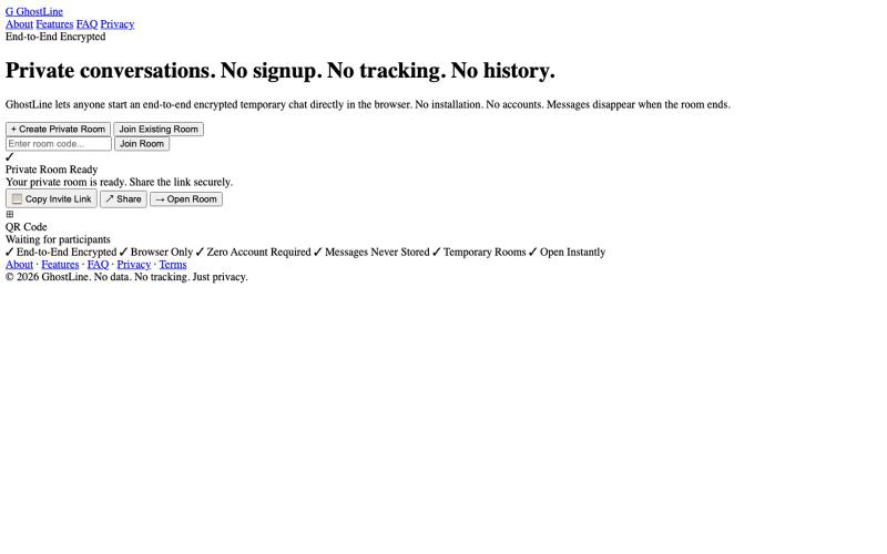 GhostLine — Private conversations. No signup. No tracking. No history. — screenshot