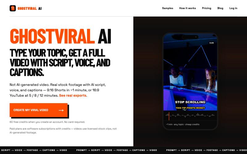 GhostViral AI — Shorts in ~1 minute, YouTube 5–12 min — screenshot