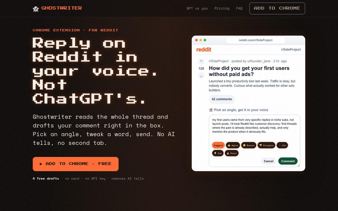 Ghostwriter: reply on Reddit in your voice, not ChatGPT's — screenshot