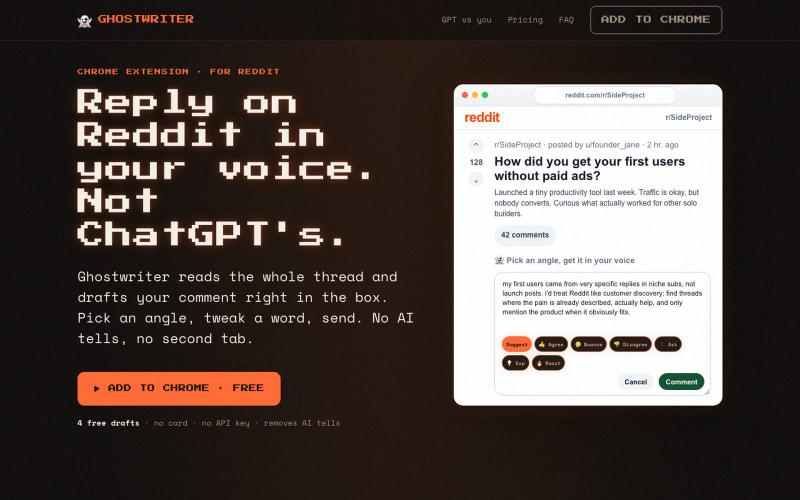Ghostwriter: reply on Reddit in your voice, not ChatGPT's — screenshot