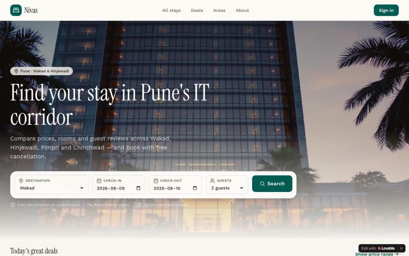 Nivas Stays — Book hotels in Pune's IT corridor — screenshot