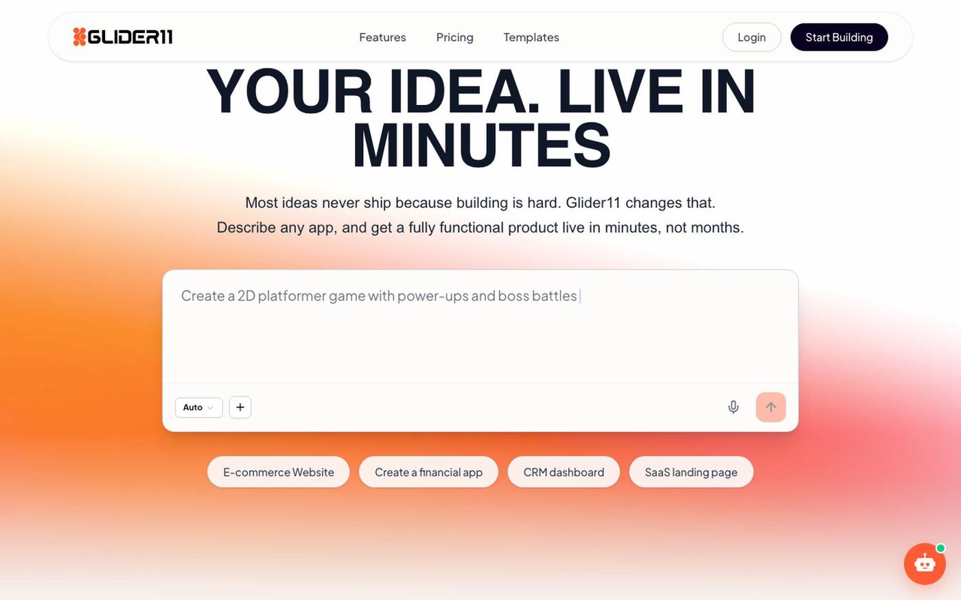 Glider11 — Turn Your Idea Into a Live App in Minutes — screenshot