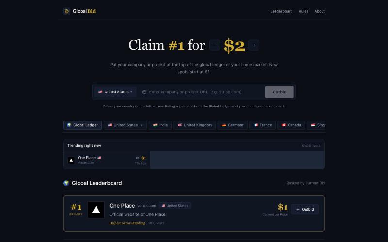 GlobalBid — The Worldwide Outbid Leaderboard — screenshot