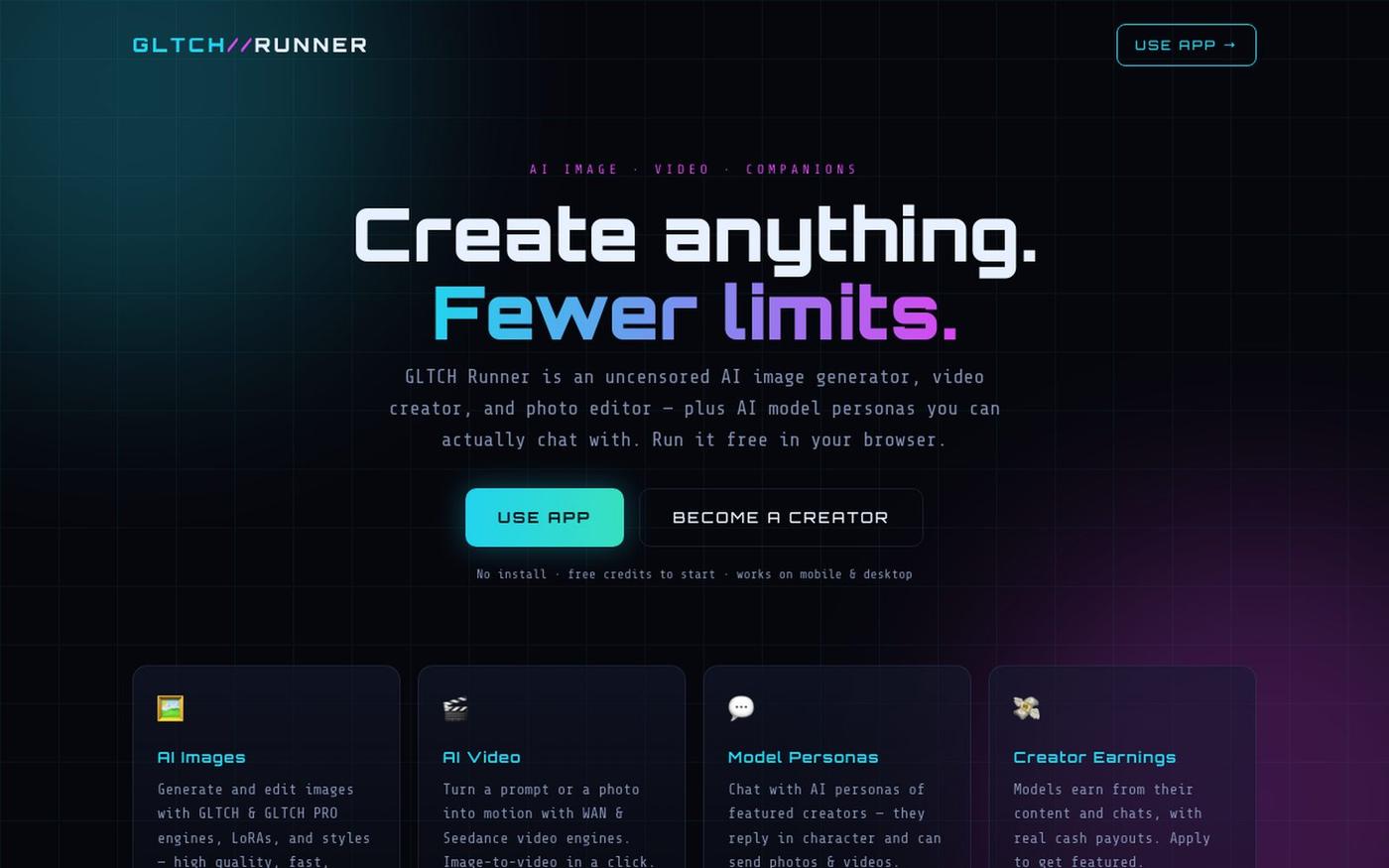 GLTCH Runner — Uncensored AI Image & Video Generation — screenshot