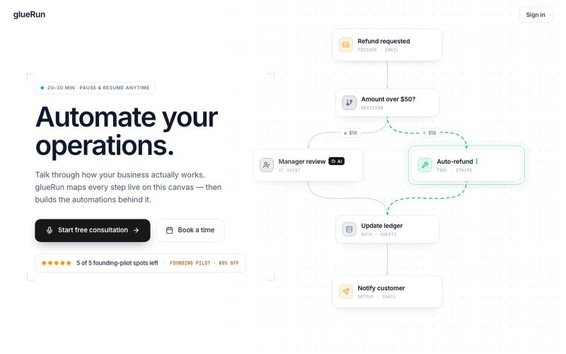 glueRun — Map one process free. We automate it. — screenshot