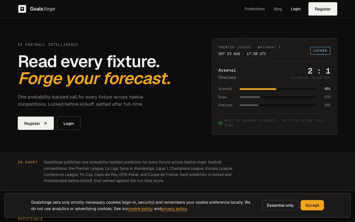 AI Football Predictions, Locked Before Kickoff | Goalsforge — screenshot