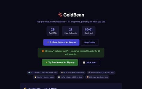 GoldBean — Pay-per-Use API Marketplace | 47 Endpoints — screenshot