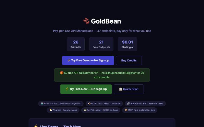 GoldBean — Pay-per-Use API Marketplace | 47 Endpoints — screenshot