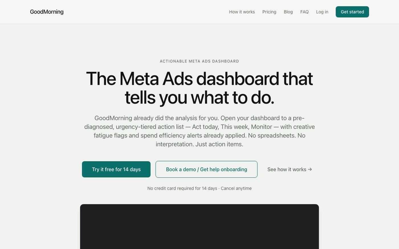 Meta Ads reporting software — action items, not analysis — screenshot
