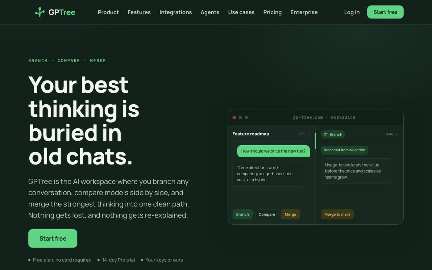 GPTree: Branch, Compare, and Merge AI Conversations — screenshot
