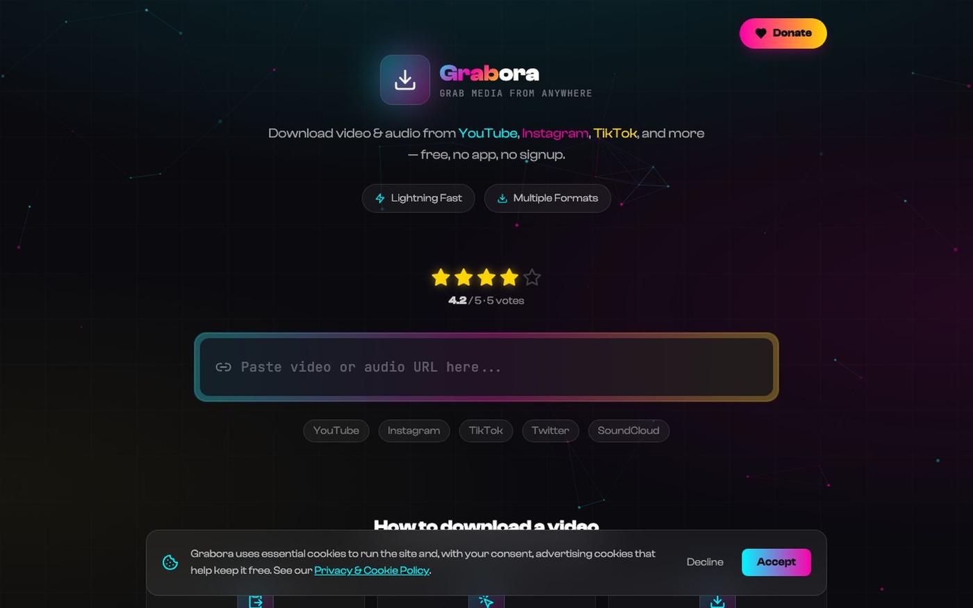 Grabora — Free Video & Audio Downloader (YouTube, TikTok, Instagram) — screenshot