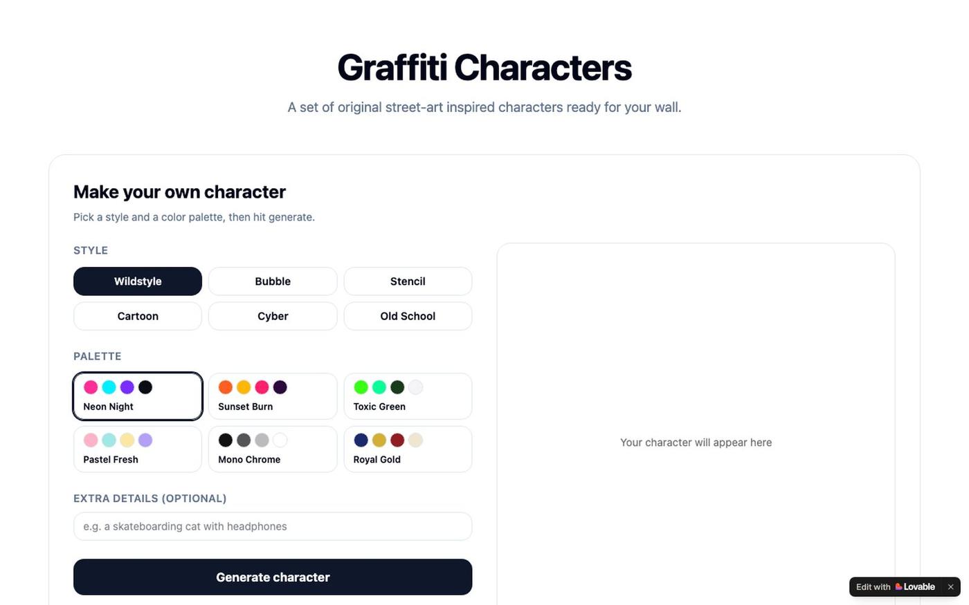 Graffiti Character Generator & Gallery — screenshot