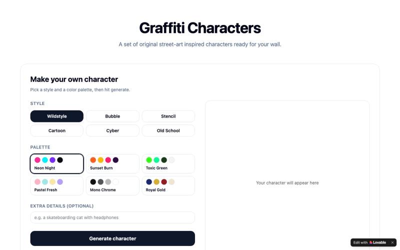 Graffiti Character Generator & Gallery — screenshot