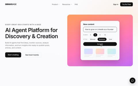 Gravibase - AI Agent Platform for Discovering, Researching & Creating Content — screenshot