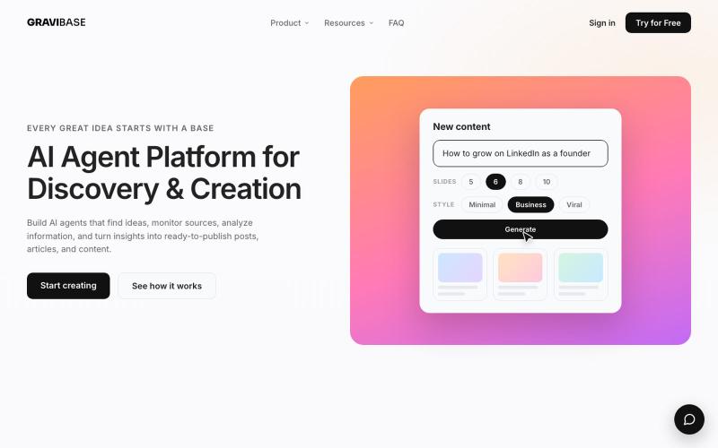 Gravibase - AI Agent Platform for Discovering, Researching & Creating Content — screenshot