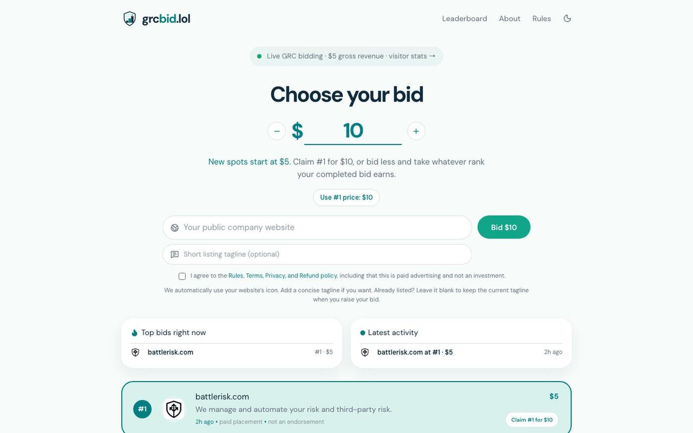 GRC Bid — The GRC leaderboard — screenshot