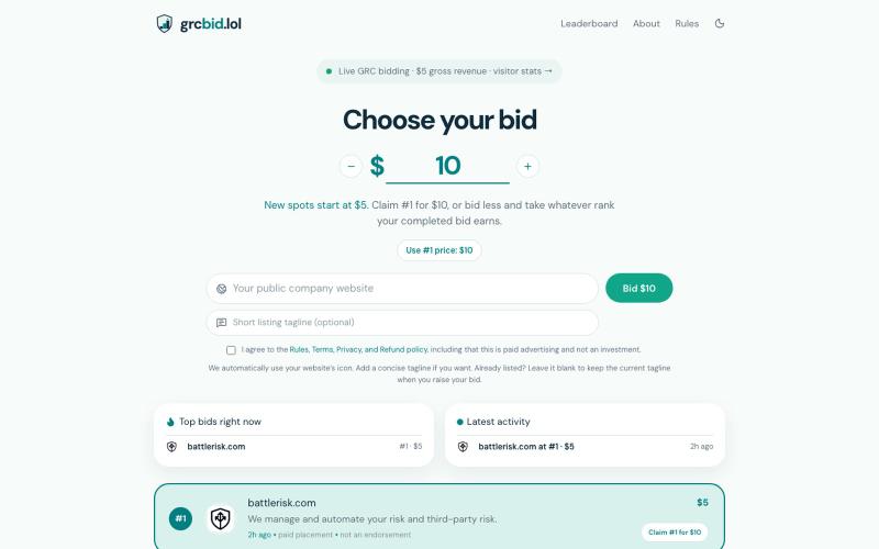 GRC Bid — The GRC leaderboard — screenshot