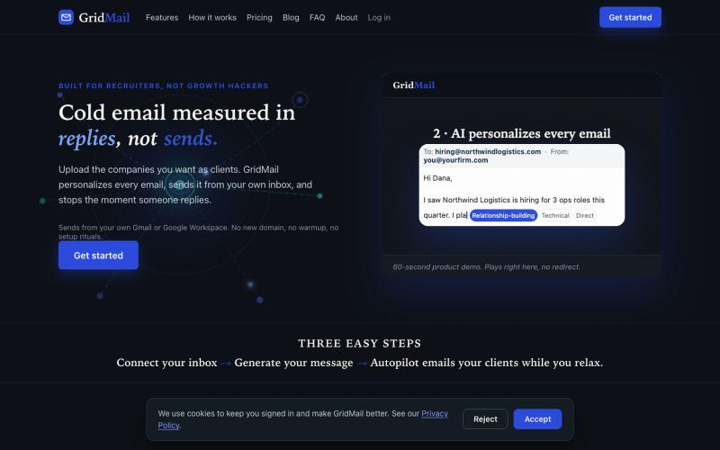 Cold Email for Recruiters: Replies, Not Sends | GridMail — screenshot