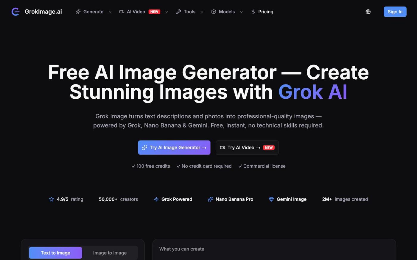 GrokImage.ai — Free AI Image Generator | Grok Imagine, Gemini & GPT-Image-2 — screenshot