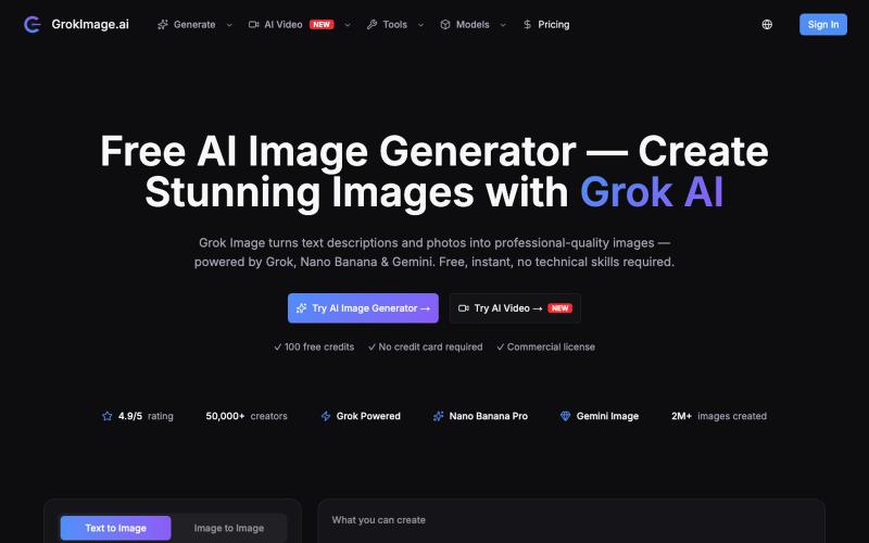 GrokImage.ai — Free AI Image Generator | Grok Imagine, Gemini & GPT-Image-2 — screenshot