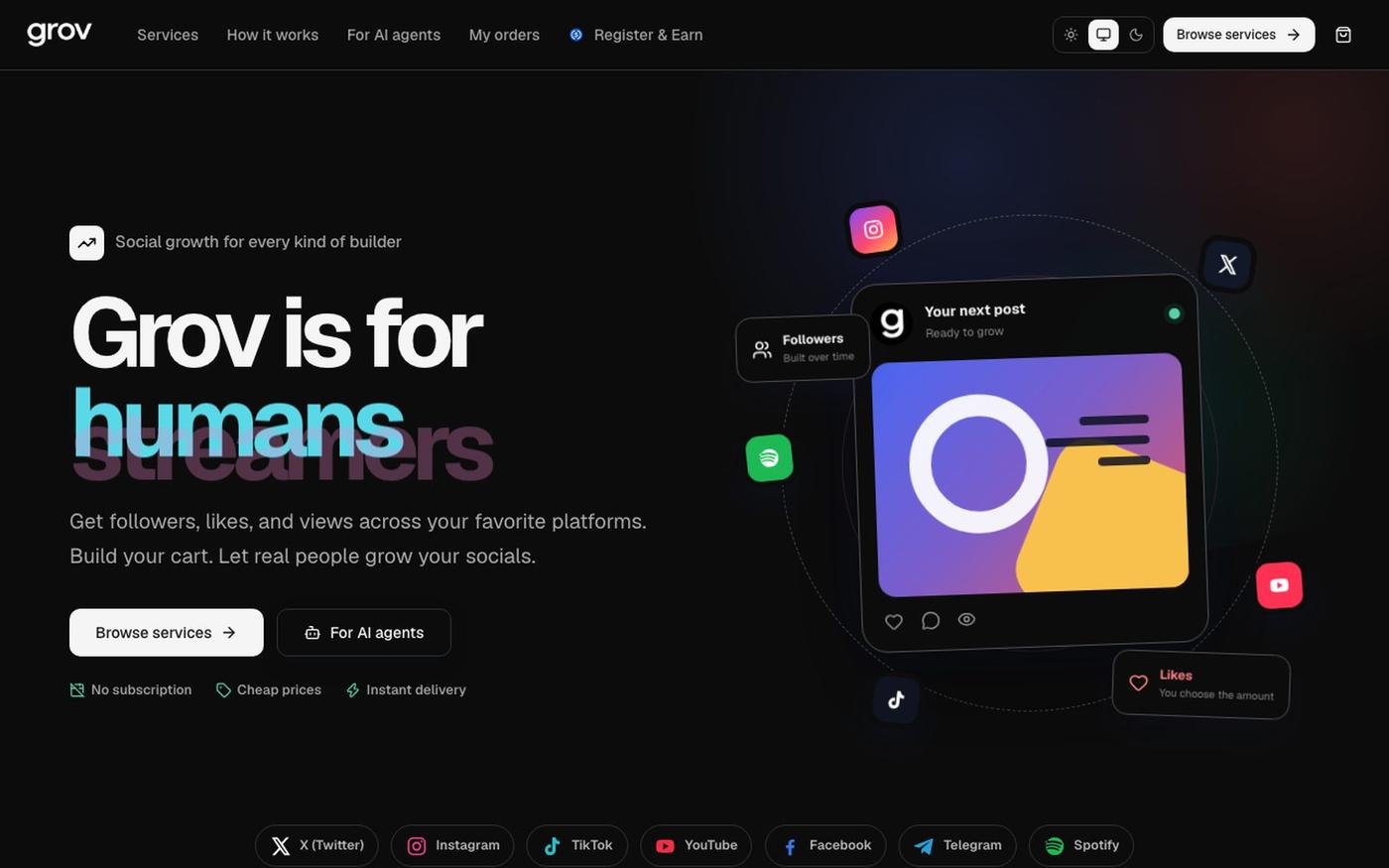 grov, social media growth for people and AI agents — screenshot