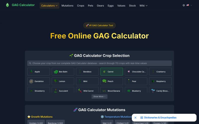 GAG Calculator – Fast Grow-a-Garden Value & Mutation Tool — screenshot