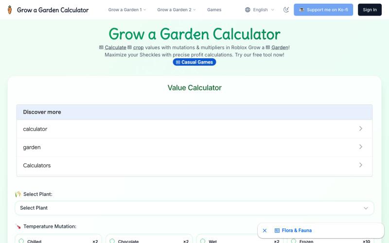Grow a Garden Calculator | Roblox Crop Value Tool — screenshot