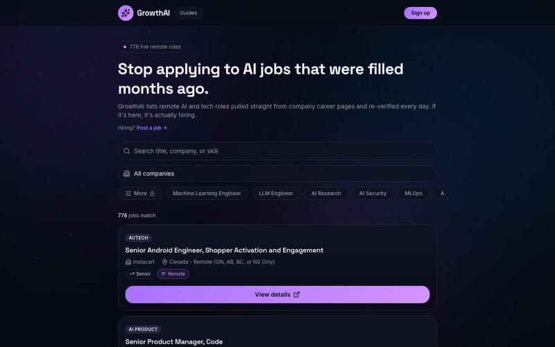 GrowthAI, Verified Remote AI & Tech Jobs, Updated Daily — screenshot