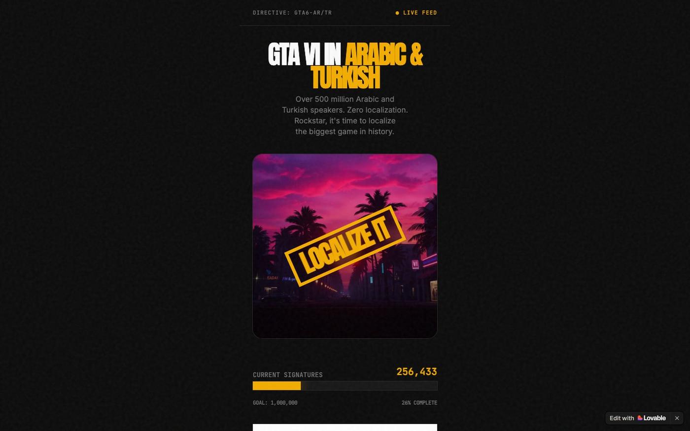 GTA 6 in Arabic & Turkish | Petition to Rockstar Games — screenshot