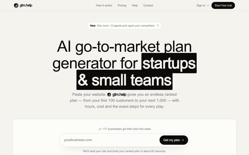 AI Go-to-Market Plan Generator for Startups | gtm.help — screenshot
