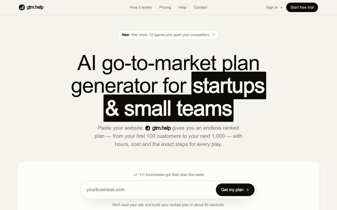AI Go-to-Market Plan Generator for Startups | gtm.help — screenshot