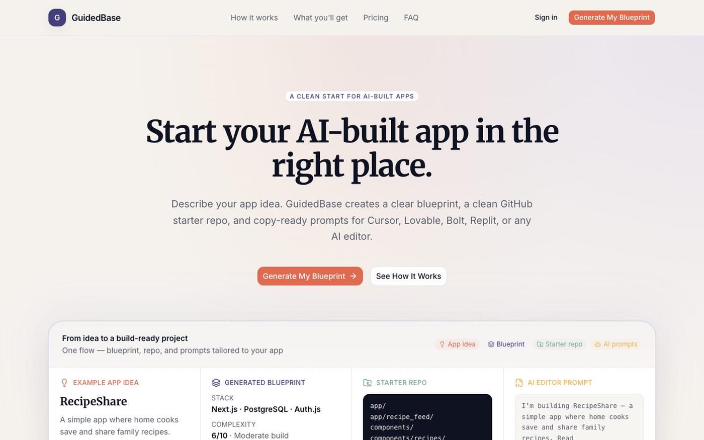 GuidedBase — Start your AI-built app in the right place. — screenshot