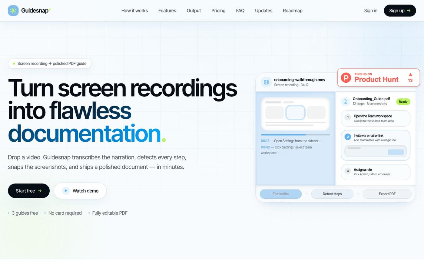 Guidesnap — Turn screen recordings into flawless documentation — screenshot