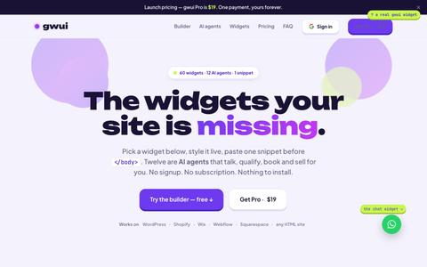 gwui — 60 website widgets & 12 AI agents, one snippet each — screenshot