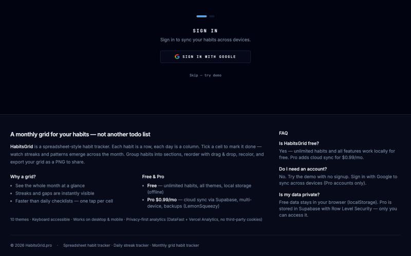 HabitsGrid — Spreadsheet-Style Habit Tracker — screenshot