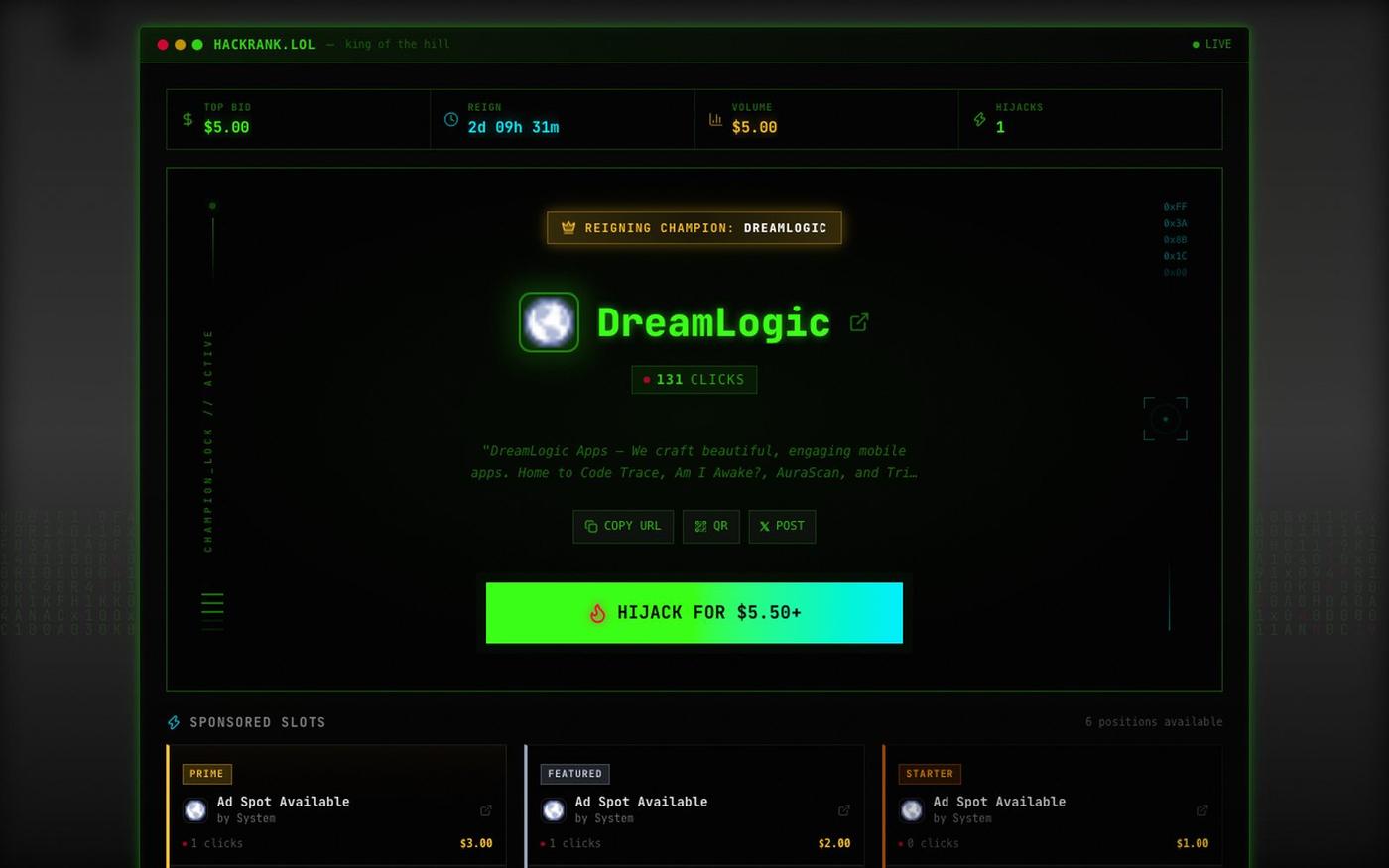 HackRank | Hijack The Top Spot — screenshot