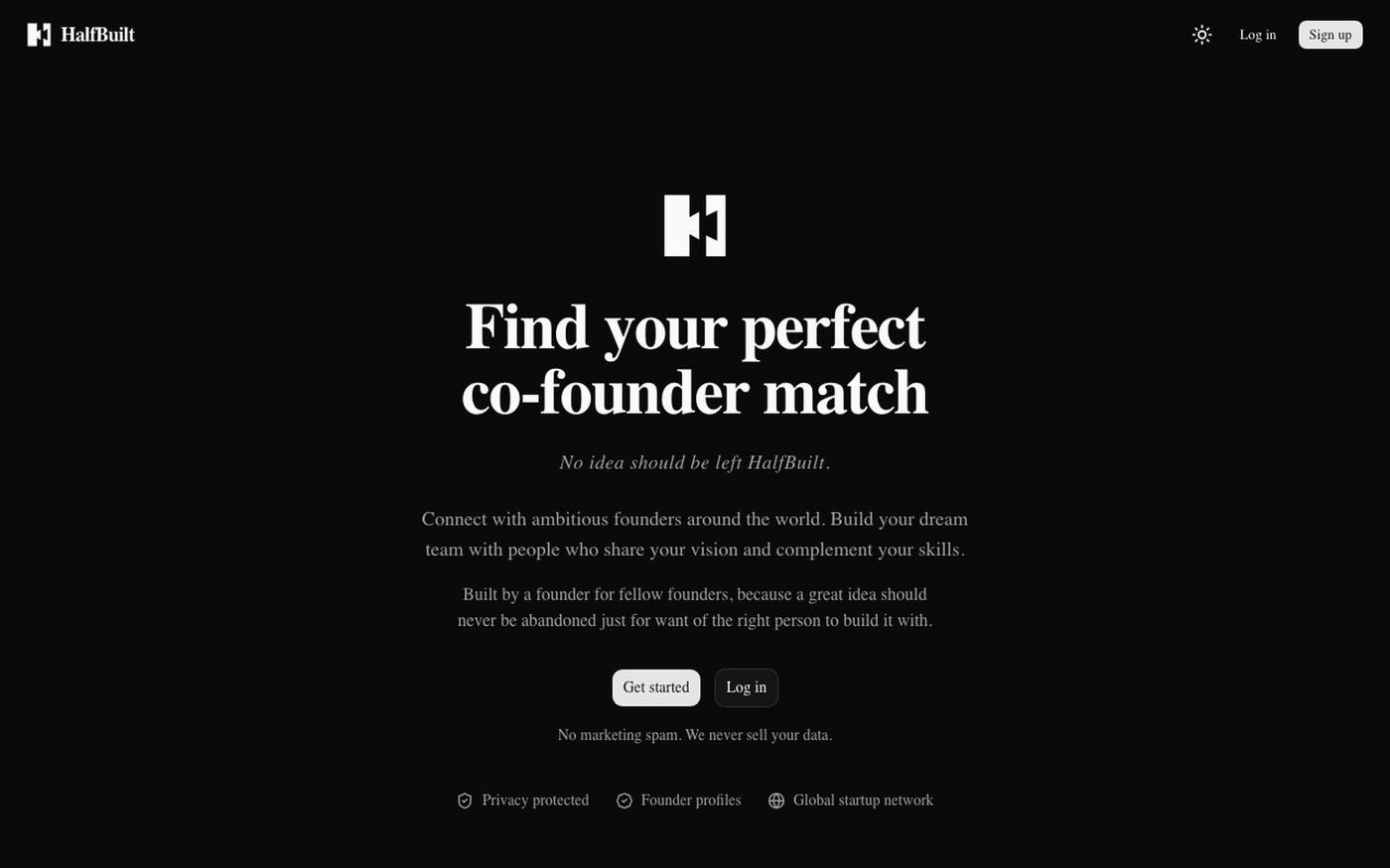 HalfBuilt · No idea should be left HalfBuilt. — screenshot