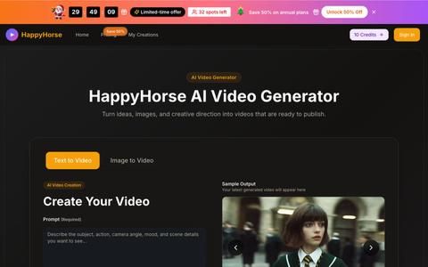HappyHorse 2.0 AI Video Generator Free | HappyHorse AI 1.0 & Pro & 2.0 Text to V — screenshot