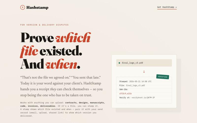 Hashstamp — Prove which file existed, and when — screenshot
